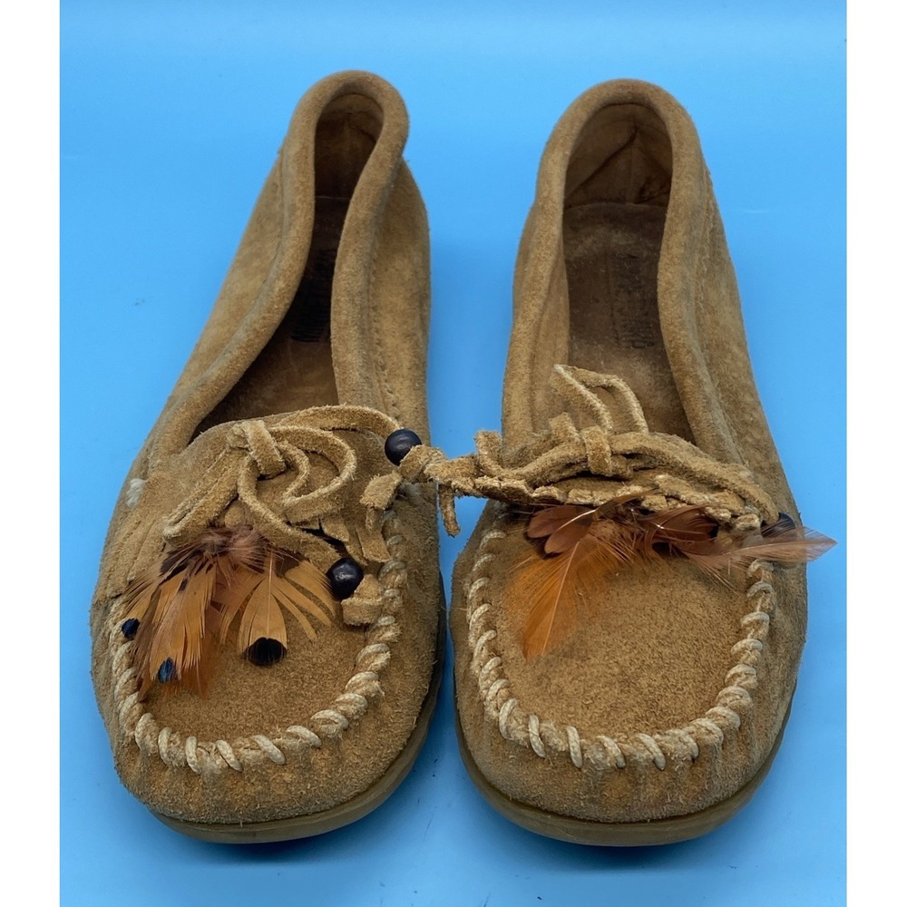 VTG Minnetonka Women's Brown Suede Moccasin Slippers Comfort Rubber Sole Sz 10